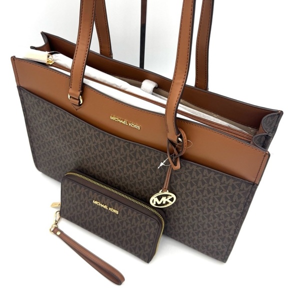 Michael Kors Jet Set Large Signature Logo Tote Bag & Flat Phone Case Wallet Set - Picture 12 of 15